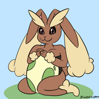 A Lopunny sitting on her knees. She is smiling and looking at the viewer. She is holding a big egg between her knees and holding it on the top.