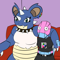 A nidoqueen named Liz is holding her arm around a porygon named Daisy. They are on a red couch watching tv. Daisy is smiling and has their eyes closed.