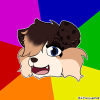 A brown dog with spots and a white muzzle with piercings in their ears. They are in front of a colorful background based on the advice dog.