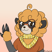 A black sheep with orange curly hair. She is raising her hand, which has hooves as fingers and fluffy orange wool on the hand. She has a light spot around her mouth and nose and orange glasses on her face. She is wearing a yellow and white striped scarf. Under that she is wearing a dark orange shirt.