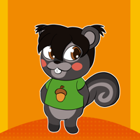 A brown squirrel in the animal crossing artstyle. She has a green shirt on with a brown acorn printed on it. She is standing in front of an orange background reminiscent of an orange amiibo card.