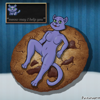 A blue cookie clicker cat laying down on a giant cookie. They are floating above milk. There is a text box that has a little icon of them, which reads "meow may I help you"