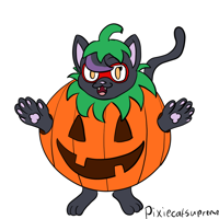 A black cat in an orange pumpkin outfit with dark eyes and a smile missing teeth. There are holes on each side for her hands. She has a hat that looks like a green stem.