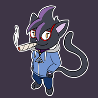 An anthro cat with hands on their hips smoking a huge blunt. They are smiling while doing so. They are wearing a blue hoodie and dark blue pants.