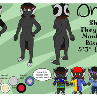 A reference sheet featuring a sheep named Onyx. In the top left is a front view of them wearing clothes. They have black hair with brown highlights. They are wearing a black shirt, with text that reads "Baaaad Sheep" with the cool S as the S. Next to it is a nude front view without any genitals. Next to that is a back view. In the bottom left is a list of colors in order of "Body", "Wool", "Nose/ears", "Eyes", "Horns/Hooves", "Shirt" and finally "Pants/belt". In the bottom right are 4 little drawings of Onyx. The most left one is them wearing a long sweater which looks like a sonic stage and they are smiling. There is a text box which reads "I made this sweater with my own wool!". Next to it is them dressed up as a clown. Their normally black hair is red and they are wearing a clown nose. Next to that is them wearing a blue hoodie. Their usual brown hair highlights are now purple.  And finally they are wearing a gray vest over a black shirt. The shirt is overlapped by the vest, so only green letters reading "AAA EEE" can be made out. In the top right is their name in big. Under that there's text which reads "Sheep", "They/them", "Nonbinary", "Bisexual", 5'3" (161 cm).