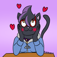 A black cat resting her elbows on a table and resting on her hands. She is blushing and smiling while looking up. Hearts are around her.