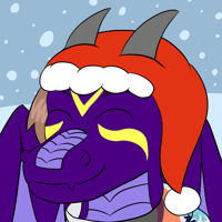 A dragon wearing a Christmas hat. Their skin is purple and they have yellow stripes on their face. On their nose and neck is a lighter purple streak. They have wings. They are smiling with their eyes closed, outside when it's snowing.