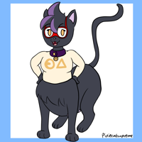 A black cat taur. She has a long tail and 4 paws, while having her hands on her hips. She is smiling and looking at the viewer. SHe is wearing a white shirt with a yellow therain logo on it