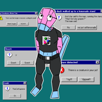 An anthropomorphic Porygon is standing inside a windows 95 computer. They are wearing black pants and a black crop top shirt with the missing image. Their clothes look like a simple texture on their body. Behind them are multiple error boxes. The top left one reads "There are hot single creatures waiting for you!". The top right one reads "And they said to the man, running the stand 'Hey! Got any grapes' The man said". The left middle one reads "Quack :V". The bottom right one reads "There is a creature in your pc!". The bottom left one reads "PixieCatSupreme".