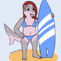 A shark girl with pink and gray skin is standing on a beach. She is smiling and has red hair and one side is shaved. She is holding a blue surfboard and is wearing a blue two piece swimwear.