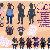 A ref sheet for the black cat named Cloe. On the left are circles with her colors in there. Next to that is her standing clothed with glasses on. She is wearing a blue hoodie and dark blue jeans. Next to that is her naked with her right arm raised. Her armpit hair is visible. Next to that is a nude back pose. On the right is her name with text under it. The text reads. "European shorthair. She/They. Nonbinary. Bi Lesbian. Artist & game dev. Post op (womb transplant). 5'6" (171 cm)"
Under the full bodies is a drawing of her face. Her hair is transparent and her eyes are visible behind her glasses. Next to that is a paw shot with her beans visible. At last is a small doodle of her.
On the bottom row is a small doodle of her holding up a drawing. Next to that are small versions of her in different clothes. From left to right, her in a crop top that reads Queen, her in a shirt with BAAAAD SHEEP on it. The S is the cool S. Next to that is her in the Sylph of Heart god tier outfit from homestuck. Next to that is her in a jester outfit. Her face is white. Next to that is her in a dress. And at last is her in a jacked with a crop top under it.