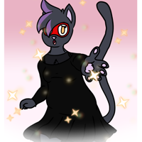 A black cat in a black dress sticking out her hand. She is looking sad. Around her are sparkles. Above the image is text which reads "lets take antidepressants together".
