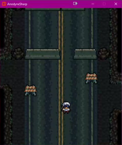 A screenshot an early version of the game. It shows the starting map, which looks like a street, with the player character looking at the viewer. The window is named AnodyneSharp.