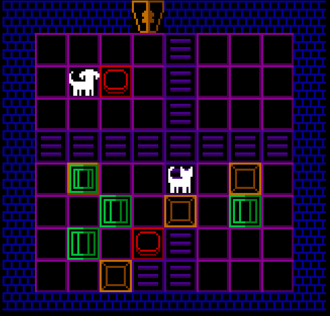 A screenshot of a room with a cat and dog in it. On the floor are multiple crates, some buttons and some tiles crates can't go over.