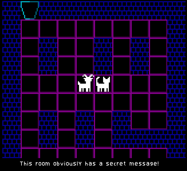 A screenshot of a room with a cat and goat in it. The room has walls in the loss pattern. The goat says to the cat 'This room obviously has a secret message!'
