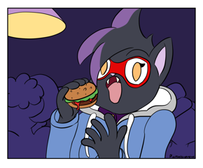 A black cat named Cloe holding a burger. Ketchup is dripping from the burger, which has beef and lettuce on it. Her mouth is open and she looks surprised at the camera. In the top left is a lamp. Two characters are in the background.